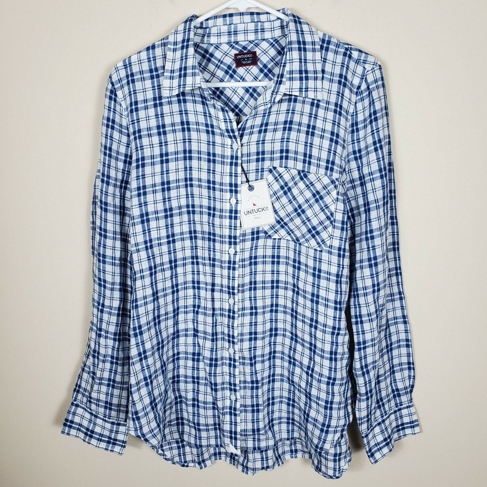 NWT Untuckit 100% Linen Blue White Plaid Button Up Top 10 Women Coastal Beach